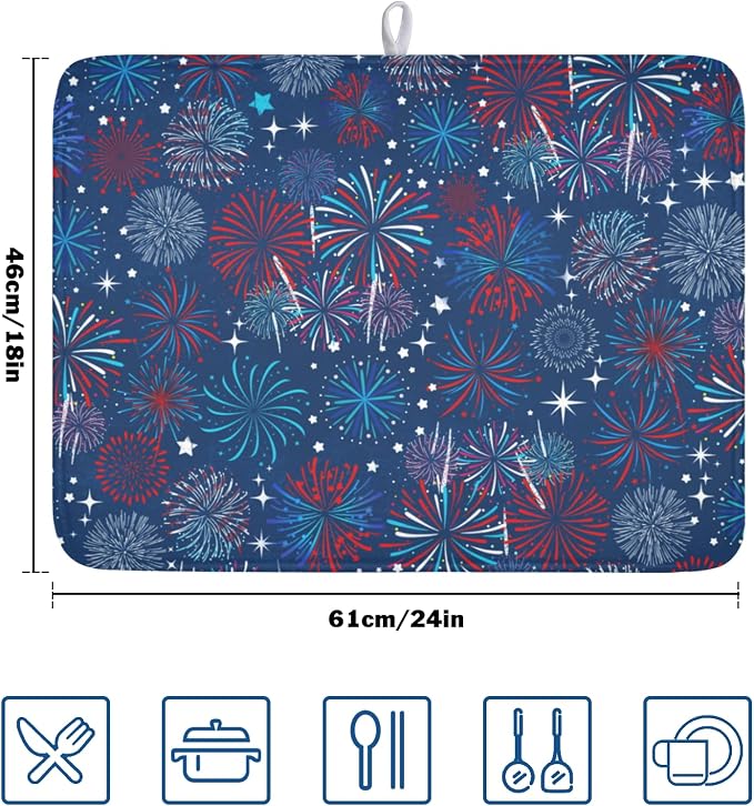 4th of July Patriotic Dish Drying Mat for Kitchen Counter 18 x 24 Inch Independence Day Dish Drainer Mat Absorbent Microfiber Firework Dish Rack Pad for Coffee Dining Bar Decor
