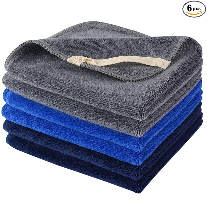 SINLAND Microfiber Facial Cloths Fast Drying Washcloth 12inch x 12inch (6pack, Blue+Navy Blue+Grey)