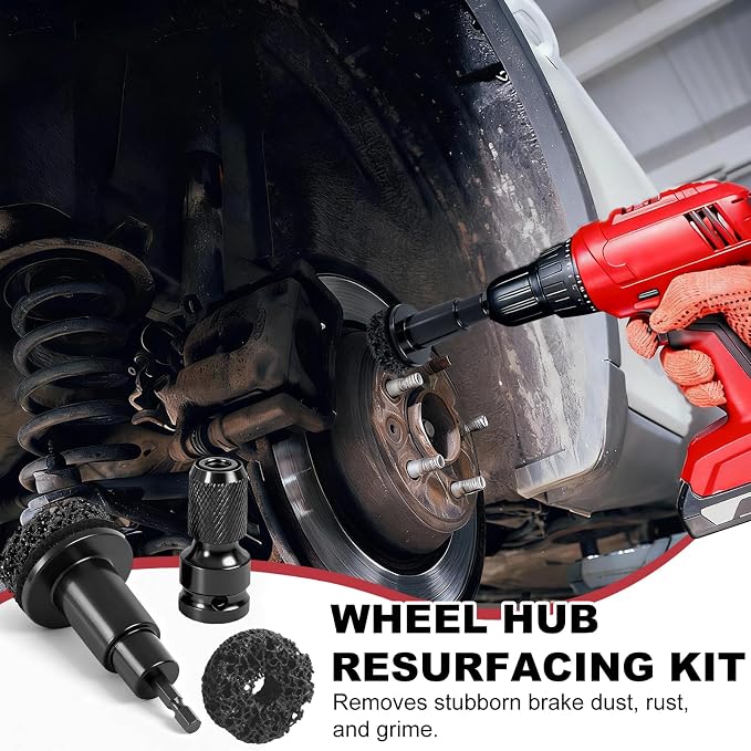 Wheel Hub Resurfacing Kit Wheel Stud and Hub Cleaner for Quick Rust Removal on Lug Studs and Brake Rotors,Includes 7 Cleaning Pads and,Fits 1/2” Wrenches or Electric Drills,Maintenance Tool for Cars