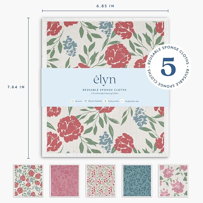 ELYN Swedish Dishcloths, Reusable & Washable Sponge Cloths, Absorbent Cleaning Paper Towels for Kitchen, Dishes, Counters and More, 5 Pack, Assorted Soft Botanical Patterns
