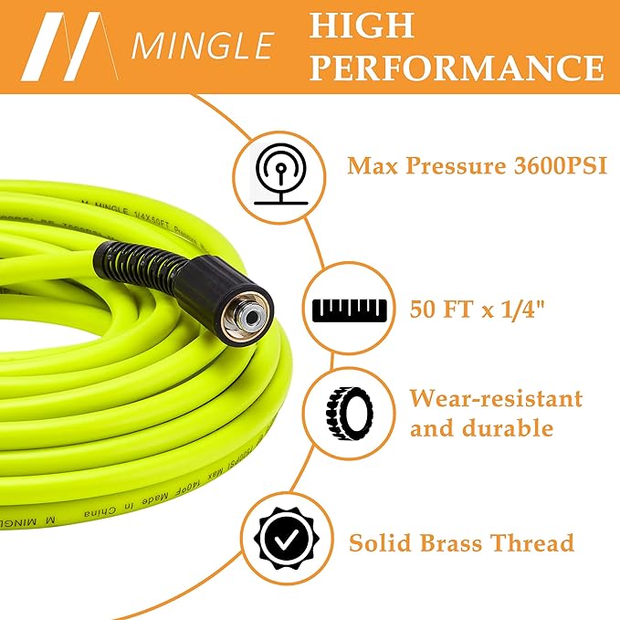 M MINGLE Pressure Washer Hose 50FT x 1/4", Stainless Steel M22 14mm Adapter | Replacement Power Wash Hose with 3/8" Quick Connect Kits, Kink Resistant, Ideal for Car, Driveway & Patio Cleaning, 3600 PSI