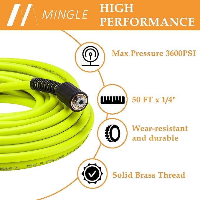 M MINGLE Pressure Washer Hose 50 FT x 1/4", M22 14mm Fittings, 3600 PSI | Replacement Power Wash Hose with 3/8" Quick Connect Kits, Kink Resistant, Ideal for Car, Driveway, Siding & Patio Cleaning