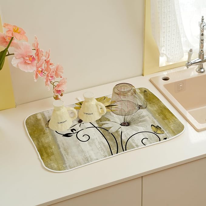Floral Dish Drying Mat 18x24 Inches For Kitchen Counter Yellow Daisy Flower Kitchen Decoration Drying Mat Modern Decorative Drying Pad For Home Kitchen Decor,Dining Room,Office Decor