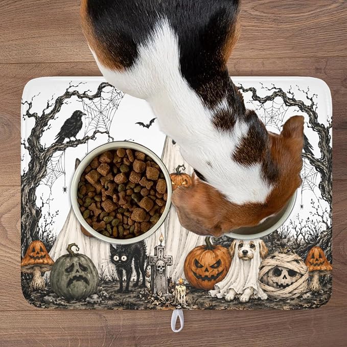 Halloween Ghost Dish Drying Mat for Kitchen Counter Spooky Pumpkins Dog Cat Crow Pattern Microfiber Dish Drainer Mat Vintage Holiday Absorbent Washable Drying Pad 18"x24"