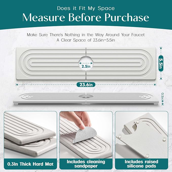 Large Faucet Mat for Kitchen Sink - Stone Drying Mat for Kitchen Counter, Diatomite Fast Drying Stone Sink Tray, Super Absorbent, Stylish Decor and Protector for Bathroom (Light Grey, 23.6" x 5.5")