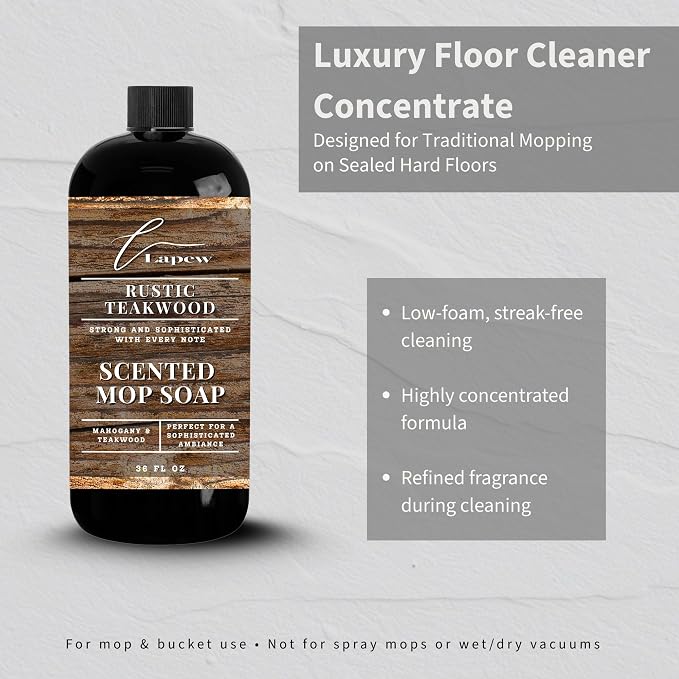 Lapew Rustic Teakwood Scented Mop Soap - Luxury Floor Cleaner Concentrate for Mopping Tile, Laminate, Vinyl & Hardwood | Streak-Free, Low-Foam | 36 oz