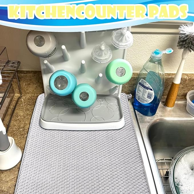 3 Pack Microfiber Dish Drying Mat,24 x 17 inch Super Absorbent Drying Pad,Large Size Dish Drying Mat for Countertops,Sinks,Draining Racks,Gray