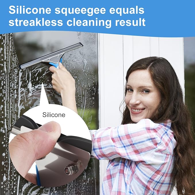 Mitclear Window Cleaning Kit 10IN Squeegee & Scrubber for Shower Glass Car | Professional Windows Cleaner Tool Glass Washing Equipment - Silicone Squeegee & Microfiber Scrubber for Mirror Windshield