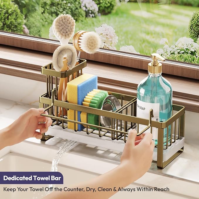 SWTYMIKI Sponge Holder for Kitchen Sink - Sink Caddy with Brush Holder Self-draining Sponge Caddy Organizer with Divider Stainless Steel Kitchen Accessories Storage for Countertop, Dark Gold