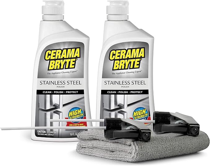 Cerama Bryte Stainless Steel Cleaner, Two 16 oz Bottles & Cloth