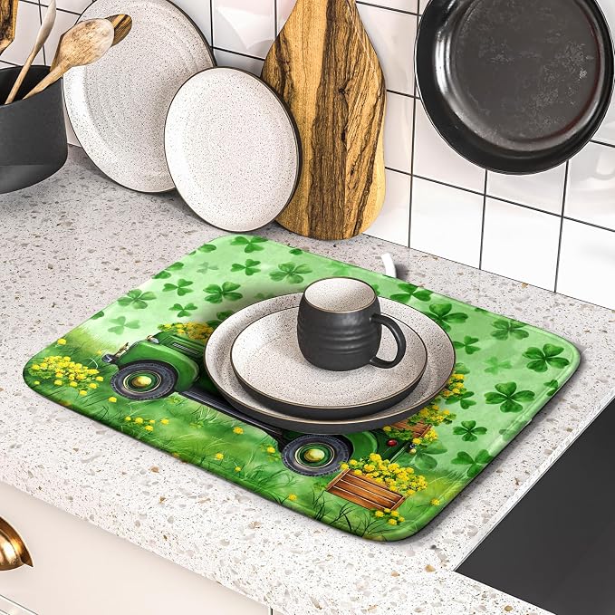 Holiday Truck Drying Dish Mat Green Lovely Clovers Decoration Cloth Dish Drain Mat Small