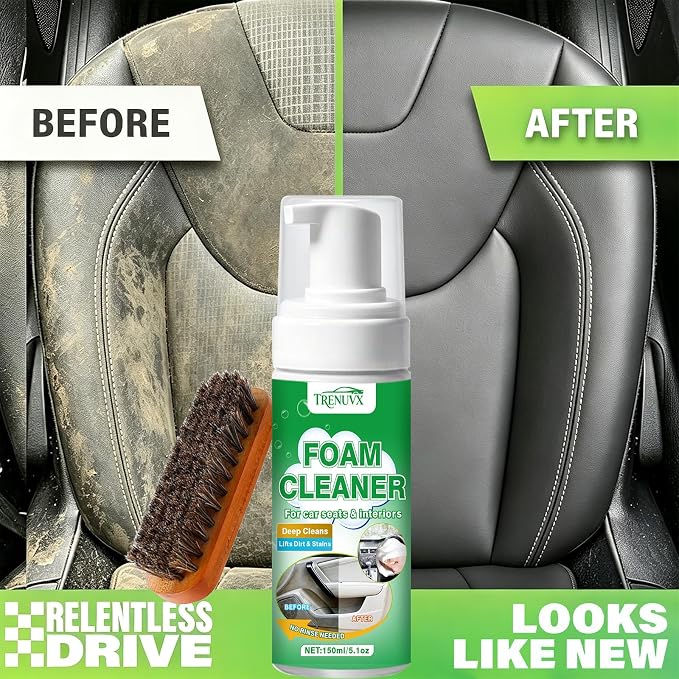 Multifunctional Car Foam Cleaner, No-Rinse Stain Remover, Powerful Auto Interior Detailing Spray for Carpet, Seats, Leather, Fabric & Vinyl, Safe for All Surfaces - 5oz / 150ml