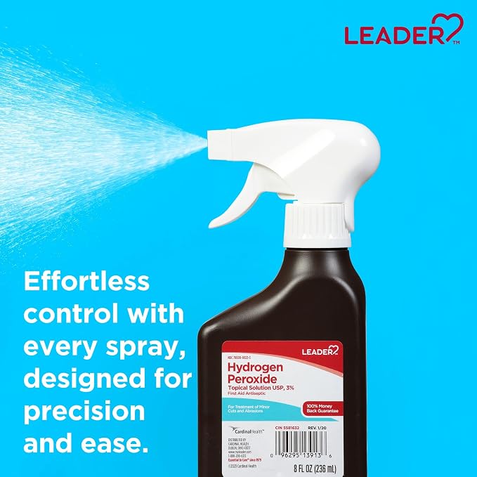 Leader Hydrogen Peroxide 3% Topical Solution, First Aid Antiseptic, Multi-Purpose Cleaner, Gentle & Effective Spray for Home, Cuts, and Scrapes, Easy-to-Use, 8 Fl Oz Spray Bottle (2 Pack)