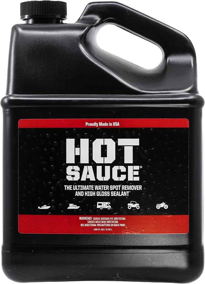 Bling Sauce Hot Sauce Hard Water Spot Remover with Wax Sealants, 1 Gallon | Hard water spot remover cleans without stripping wax, adds glossy sealants and works on boats, RVs, autos and glass