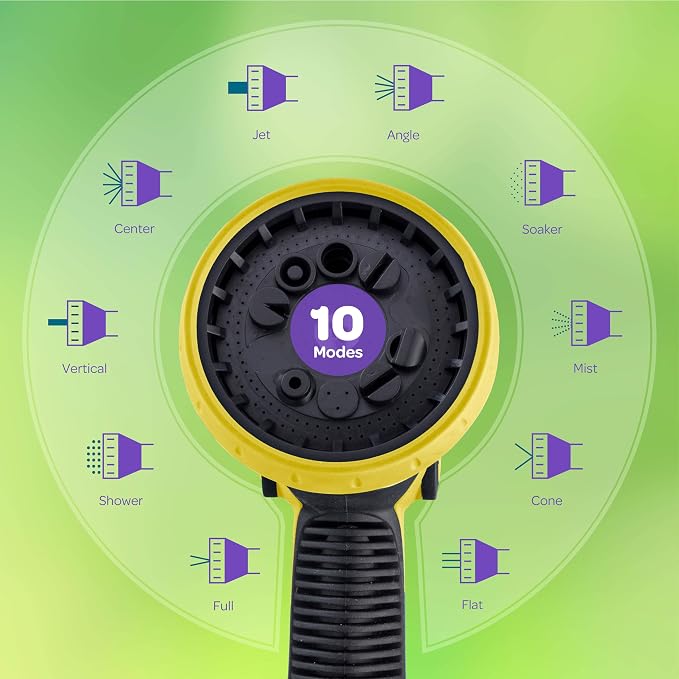 Hose Nozzle [Yellow] Heavy Duty Hose Sprayer With 10 Adjustable Watering Patterns. Thumb Control Design, Comfortable Ergonomic Grip, Garden Hose Nozzle for Watering Plants & Lawns/Fun showers/Cleaning