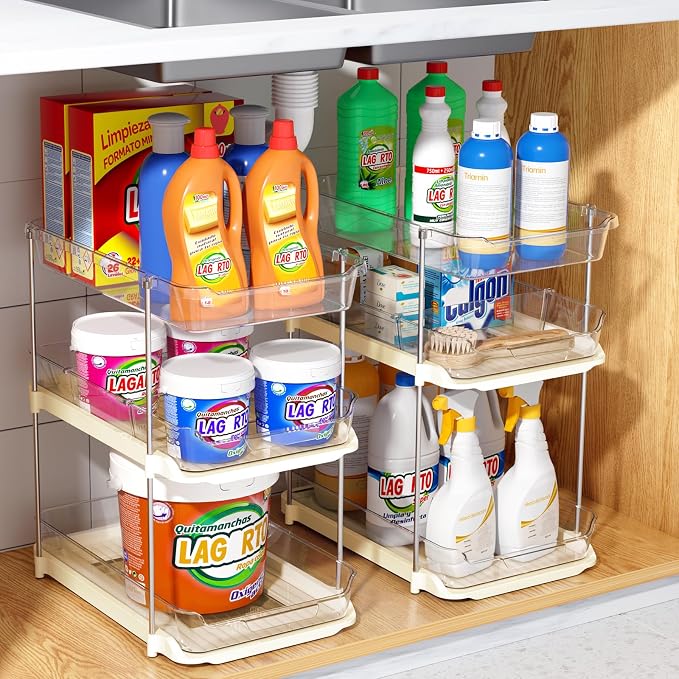 Delamu 2 Pack 3-Tier Bathroom Under Sink Organizers and Storage, Multi-Purpose Stackable Pantry Organization and Storage, Pull Out Clear Kitchen Bathroom Cabinet Organizer with Movable Dividers, Beige