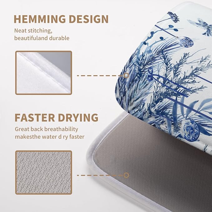 Christmas Tree Dish Drying Mat for Kitchen Counter 16x18 Inch Blue White Chinoiserie Winter Xmas Holiday Drying Mats Microfiber Absorbent Dish Draining Reusable Dish Drainer Pad