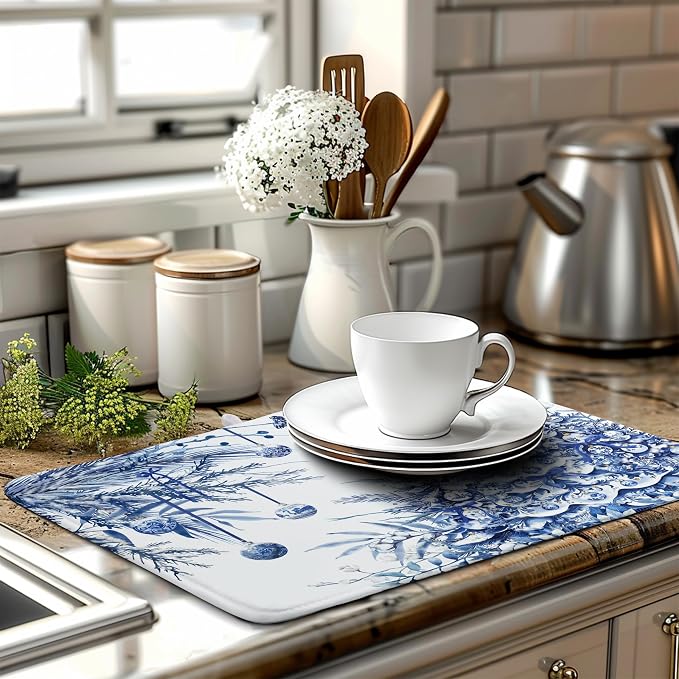 Christmas Tree Dish Drying Mat for Kitchen Counter 18x24 Inch Blue White Chinoiserie Winter Xmas Holiday Drying Mats Microfiber Absorbent Dish Draining Reusable Dish Drainer Pad