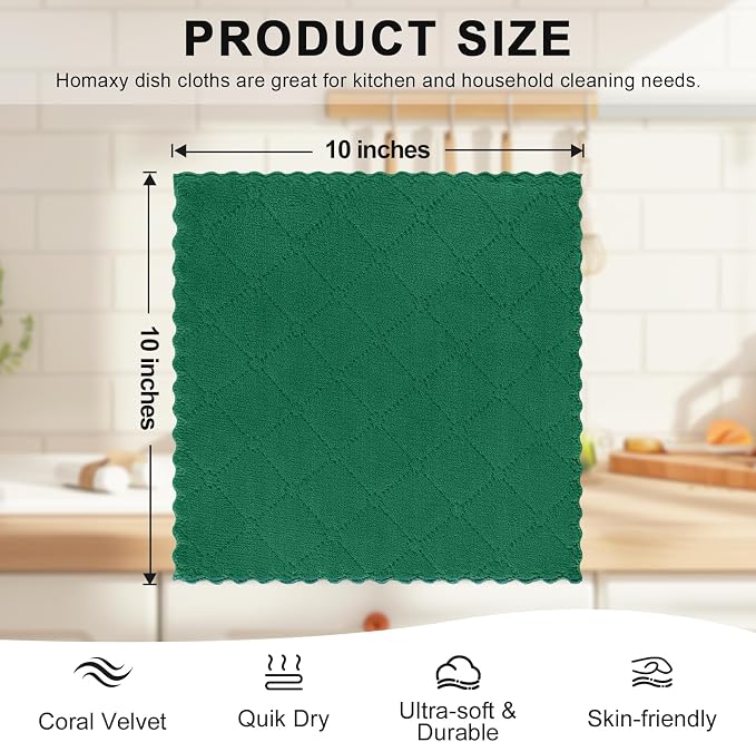 Homaxy 12 Pack Kitchen Dish Cloths (10 x 10 Inches, Dark Green), Super Soft and Absorbent Coral Velvet Dish Towels, Nonstick Oil Fast Drying Microfiber Cleaning Cloth, No Lint Household Dishcloths