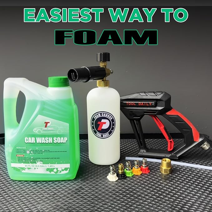 Tool Daily Short Pressure Washer Gun with Foam Cannon, Car Wash Soap 64 Oz | 5 Power Washer Nozzle Tips, 1/4 Inch Quick Connect