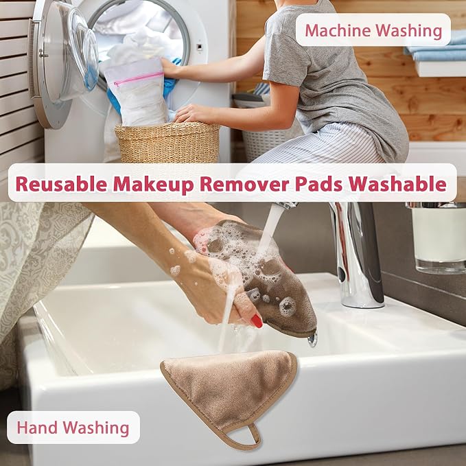 Natwag Makeup Remover Cloth, 6" x 6" Make Up Towels Reusable Face Cloth for Washing Face, Makeup Remover Pads Microfiber Face Washcloth with Mesh Bag, Just Water, 12 Pack, Light Brown