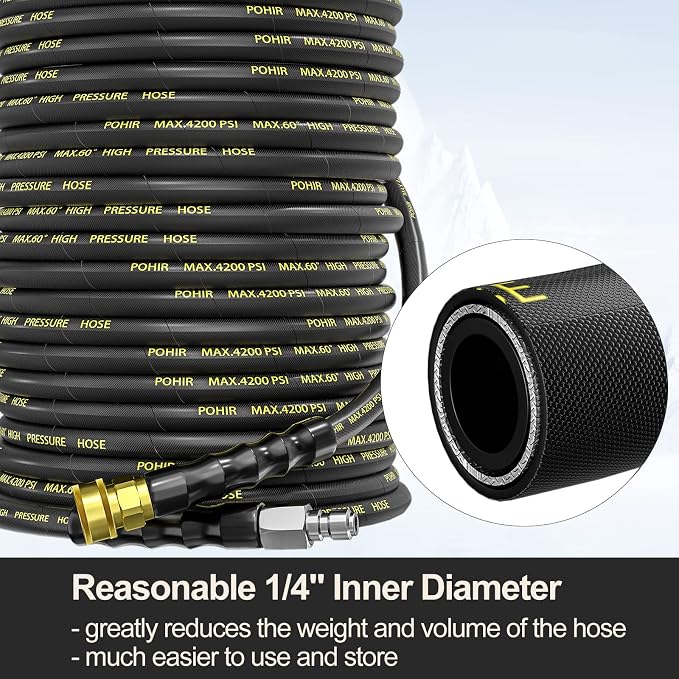Pressure Washer Hose 150 ft with 3/8'' Quick Connector, 4200PSI | POHIR 2pcs 3/8'' QC to M22 14mm Adapters, Steel Wire Braided 1/4’’ ID Power Washing Hose, No-Kink AntiBurst Powerful Cleaning