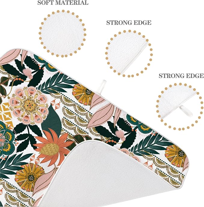 Boho Dish Drying Mat 18 x 24 Inch Pink Green Floral Drying Mat for Kitchen Counter Absorbent Bohemian Tropicla Leaves Spring Summer Dishes Dry Pad for Drainer Rack Kitchen Fast Dry