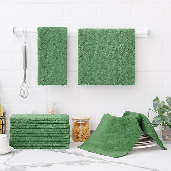 Homaxy 12 Pack Dish Towels for Kitchen (10 x 20 Inches, Grass Green), Super Soft and Absorbent Coral Velvet Dish Cloths for Washing Dishes, Nonstick Oil Fast Drying Microfiber Cleaning Cloth