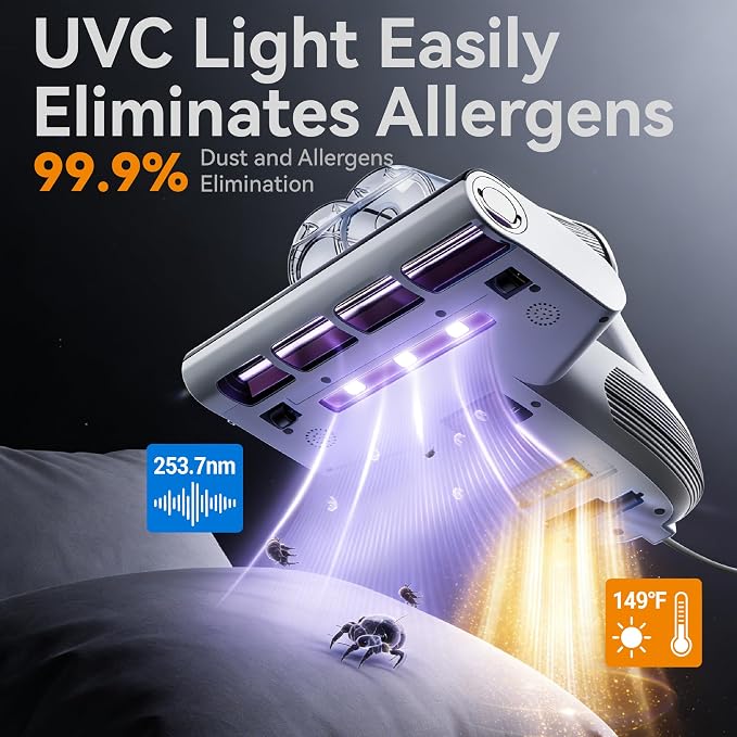 Bed Vacuum Cleaner 18KPa & 500W Powerful Suction, Visible Dust Sensor, 149°F Heat & UV-C Light, Mattress Deep Cleaning with HEPA Filter for Bed Couch Carpet (Corded)