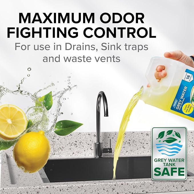 Camco TST Camper/RV Grey Water Odor Control - Removes Grease Buildup in Gray Water Tank, Sink & Shower Drains - 4oz Treats 40-Gal Holding Tank - Safe Septic Tank Treatment - Lemon, 64 oz (40256)
