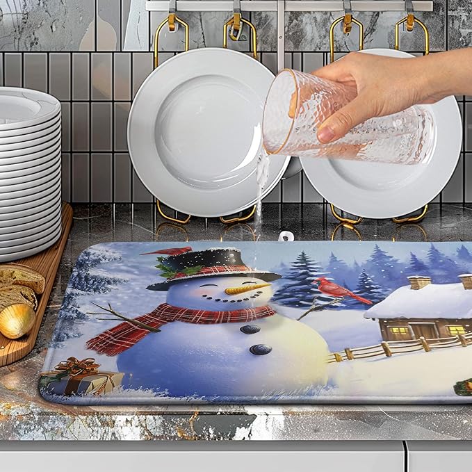 Christmas Snowman Kitchen Drying Mat - Winter Snow Cardinals Pine Trees Dish Drainer - Large Microfiber Absorbent Fast Drying Pad for Kitchen Countertop 1824
