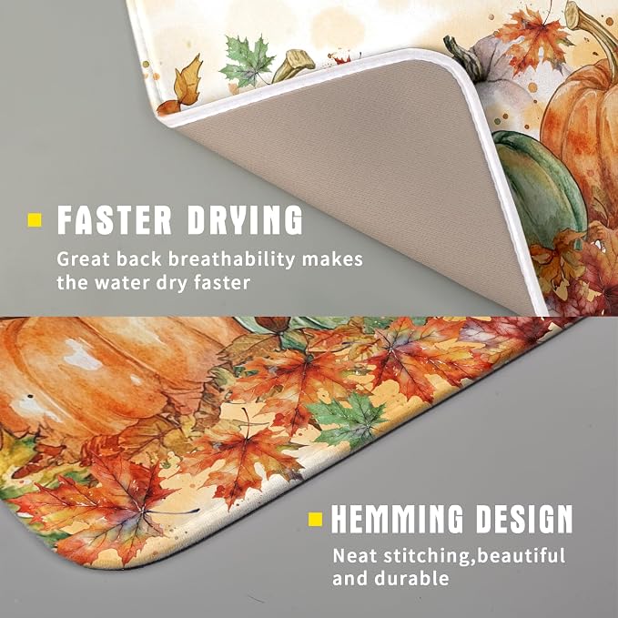 Fall Dish Drying Mat for Kitchen Counter 16×18 Inch Orange Pumpkin Drainer Pad Rustic Autumn Dish Rack Pad Drainer Mat Thanksgiving Absorbent Reversible Microfiber Dish Drying Pad for Coffee Bar