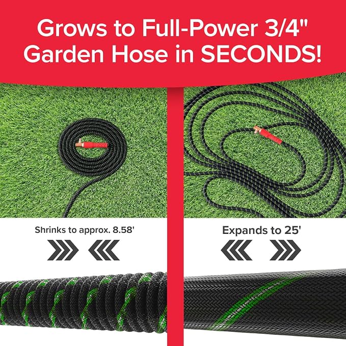 Pocket Hose Ballistic Double UV 25 FT Expandable Garden Hose, As Seen on TV | Anti-burst sleeve reinforced with bulletproof fiber, 360° swiveling pocket pivot connector, lightweight compact design