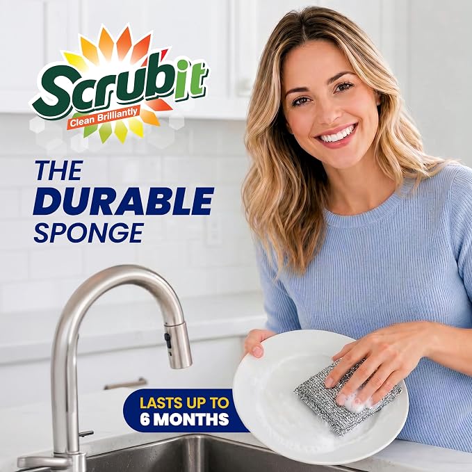 SCRUBIT Scrub Sponges for Kitchen, Non-Scratch Dish Sponges, Heavy Duty Steel Wool Scrubber Sponges Kitchen & Dishes Scrubbers (12)