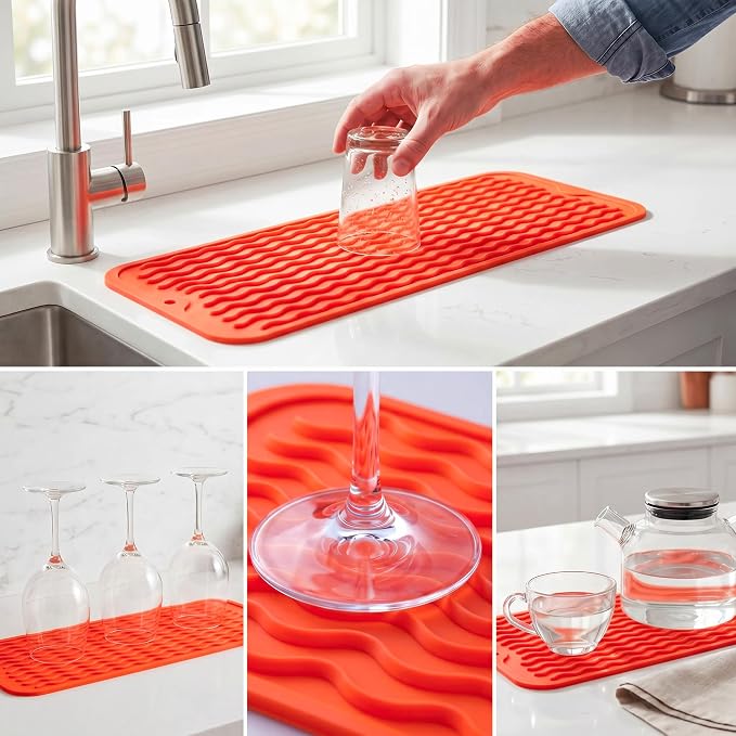 MicoYang Silicone Dish Drying Mat for Multiple Usage,Easy clean,Eco-friendly,Heat-resistant Silicone Mat for Kitchen Counter,Sink,Bar,Bottle,or Cup Orange M 17 inches x 6 inches
