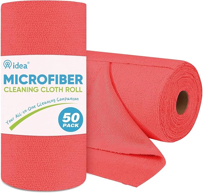 AIDEA Red Microfiber Cleaning Cloth Roll-50PK, Paper Towels 11.5"×11.5" | Reusable Tear Away Cloth, Microfiber Towels Washable Shop Rags, Lint Free Cleaning Rags for House, Kitchen, Window