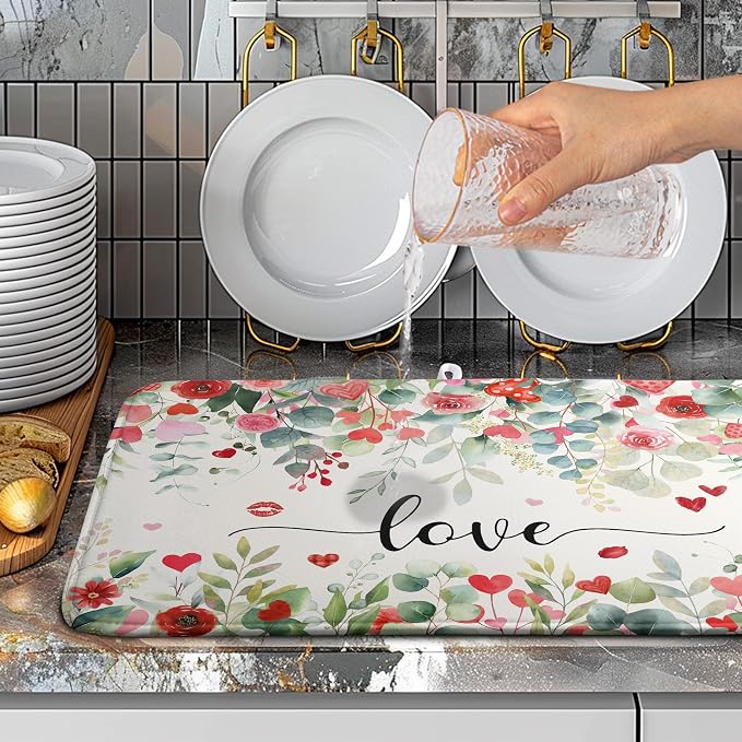 Valentines Day Love Heart Rose Eucalyptus Leaves Dish Drying Mat for Kitchen Counter 18x24 Inch Spring Valentine Microfiber Absorbent Dish Drainer Mats Reversible Drying Pad