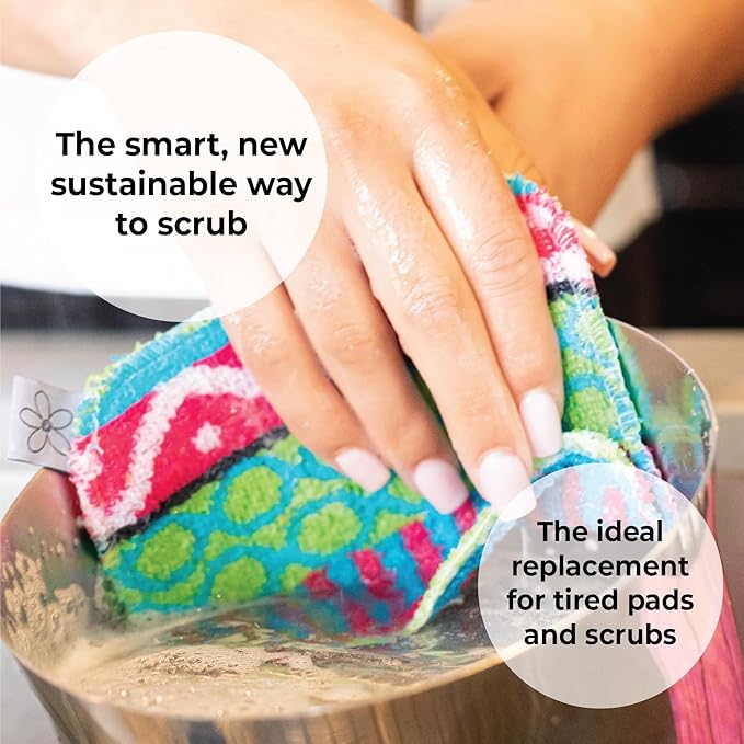 Skoy Scrub, 8-Pack Reusable, Non-Scratching Dish Scrubber for Kitchen and Household Cleaning, Planet-Friendly, Dishwasher Safe Soft Scrub, Assorted Colors and Designs