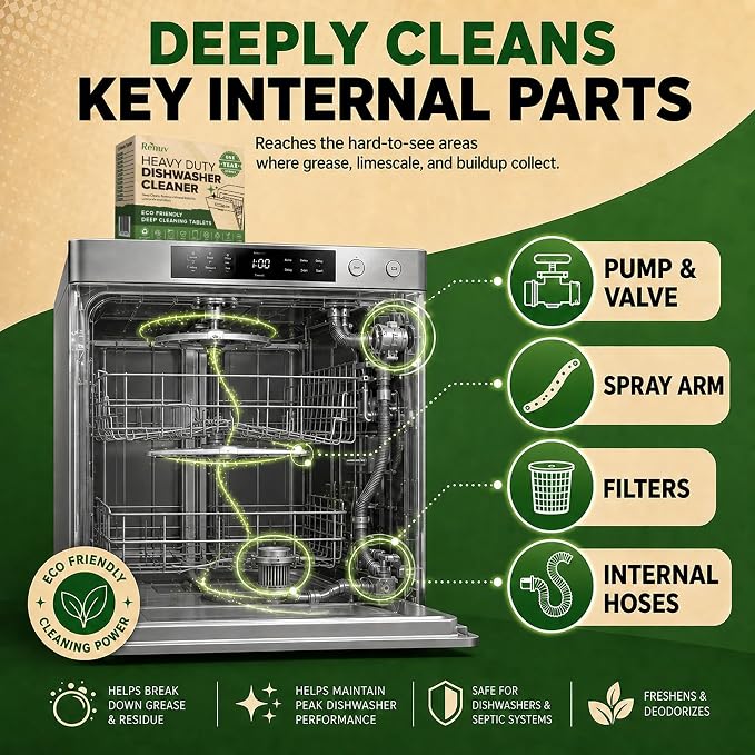 Renuv® Heavy Duty Dishwasher Cleaner & Deodorizer, Descaler, 12 XL Tablets | Deep Cleaning, Natural Odor & Smell Remover, Calcium, Limescale, Hard Water Marks, Grease Remover, Septic Safe
