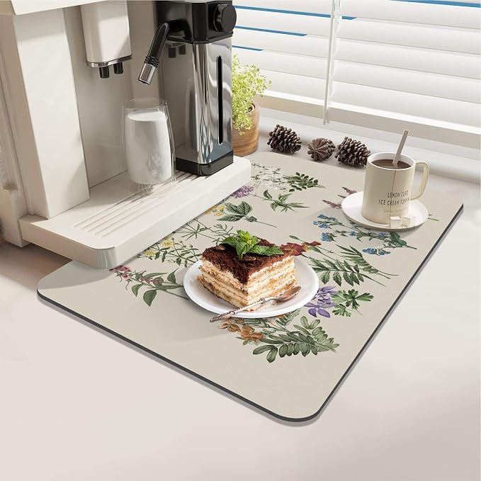 LOKHOM Dish Drying Mat for Kitchen Counter, 16"x18" Absorbent Coffee Bar Mat with Vintage Sage Flower Herbs, Dish Drainer Rack Mat for Kitchen Counter