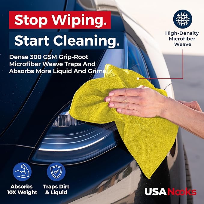 USANOOKS Microfiber Cleaning Cloth Yellow - 50 Pcs 12.5"x12.5" - High Performance - 1200 Washes, Ultra Absorbent Towels Weave Grime & Liquid for Streak-Free Mirror Shine - Car Washing Cloth