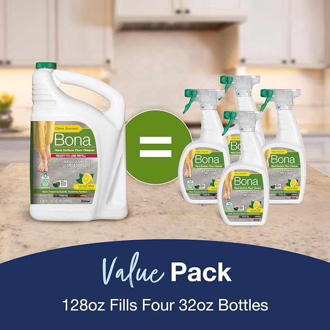 Bona Multi-Surface Floor Cleaner Refill - 128 fl oz - Lemon Mint | Residue-Free Floor Cleaning Solution Refill for Spray Mop and Spray Bottles - Use on Stone, Tile, Laminate, and Vinyl Floors