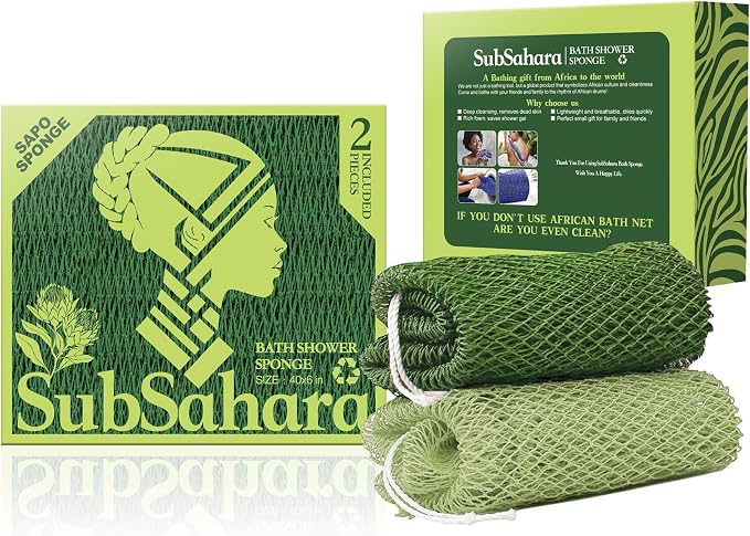SubSahara Authentic African Net Sponge - 2 Pack Exfoliating Bath & Shower Loofah Sponge for Body & Face, Gentle Scrubber for All Skin Types, Travel, Durable Polyester (Olive Green & Light Green)