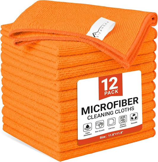 SIFANGKE Microfiber Cleaning Cloth, 12 Pack Orange Cleaning Rags for Housekeeping, Reusable Microfiber Towels for Car, Kitchen, Bathroom and Household Cleaning Supplies, 11.8"X11.8"