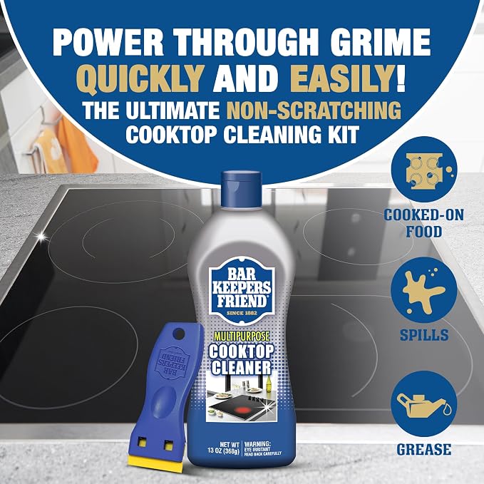 Bar Keepers Friend Cooktop Cleaner (2 x13 oz) + Scraper - Multipurpose Liquid Stovetop Cleanser, Safe for Use on Glass & Ceramic Cooking Surfaces, Copper, Brass, Chrome, Stainless Steel & Porcelain