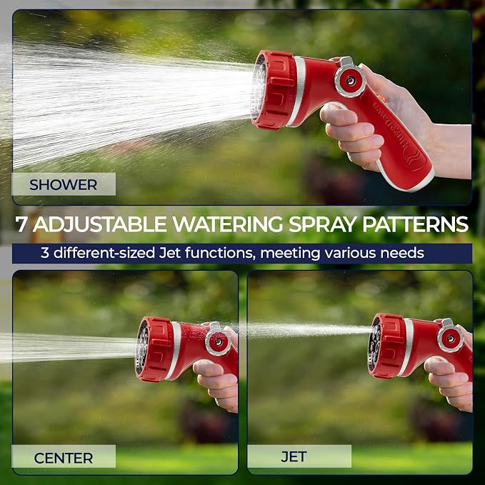 HugeDawn Garden Hose Nozzle with 7 Spray Patterns, Heavy Duty Metal Sprayer 30% Greater Water Flow for Watering, Car Wash, Outdoor Cleaning (Red)