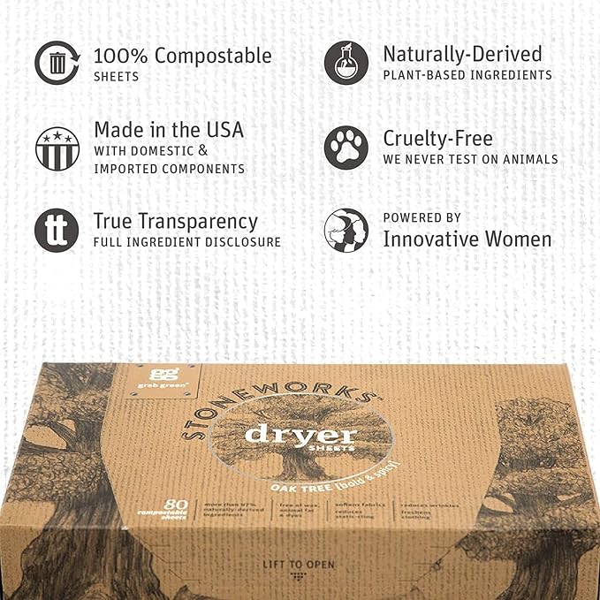 Grab Green Stoneworks Dryer Sheets, 160 Sheets, Birch Branch, Compostable | Softens fabrics; Reduces Static; Cruelty-free; Plant & Mineral Based; No Harsh Chemicals