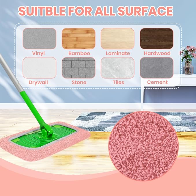 6 Pack Reusable Microfiber Mop Pads - Compatible with Sweeper, Reusable Mop Pads, Washable Dry Cloths & Wet Pads Refill for Hardwood Laminate Tile Floor Cleaning (6, Pink, M)
