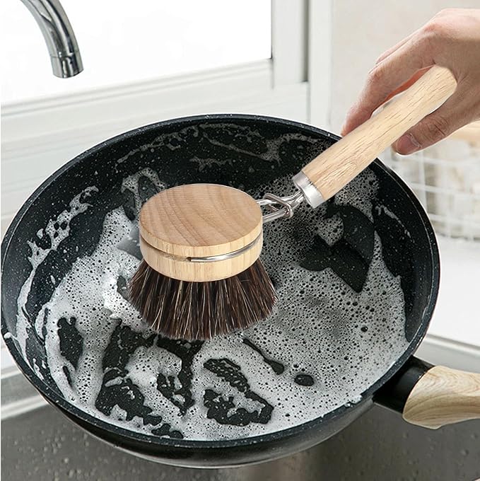 Wooden Dish Brush Set, 4 Natural Bristle Replacement Heads with 1 Sturdy Wooden Handle, Horsehair Kitchen Scrub Brush for Pots, Pans, Vegetables and Cookware