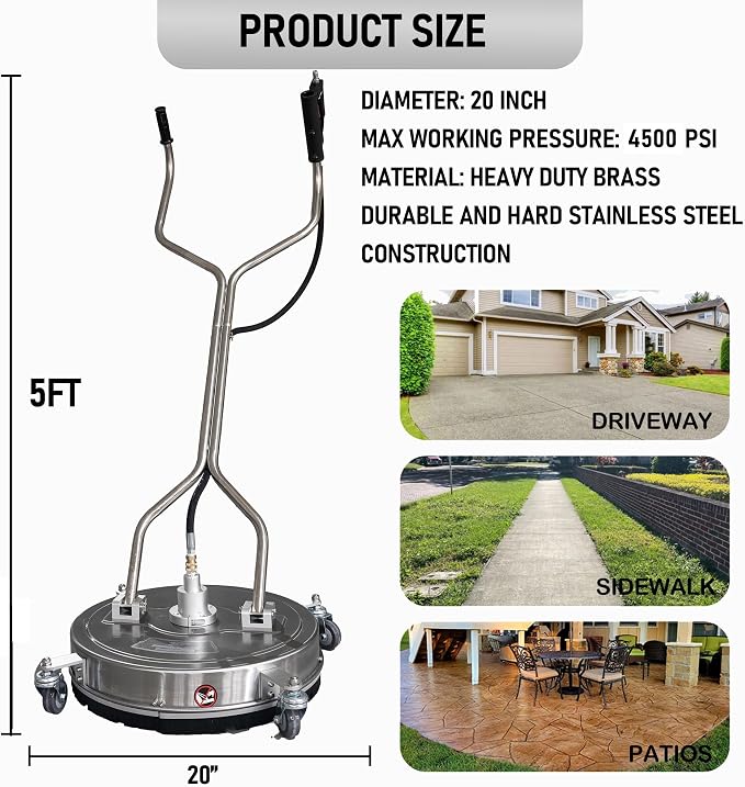 Hourleey 20" Pressure Washer Surface Cleaner with Dual Handles, Stainless Steel Surface Cleaner with 4 Wheels for Driveways, Pathway, Sidewalks, Patios, Decks, 4500 PSI with 3/8" Quick Connector Kit